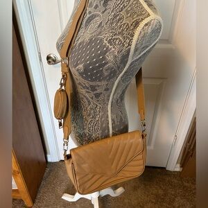 Elegant Tan Crossbody Bag with Quilted Design & round coin holder.